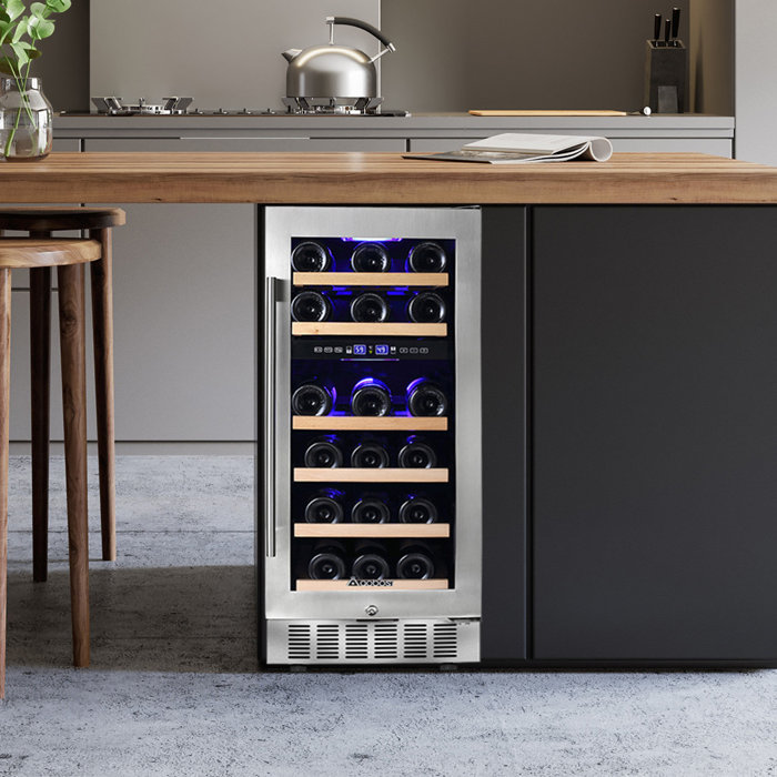 AOBOSI 15 Inch Wine Cooler, 28 Bottle Dual Zone Wine Refrigerator,Freestanding And BuiltIn